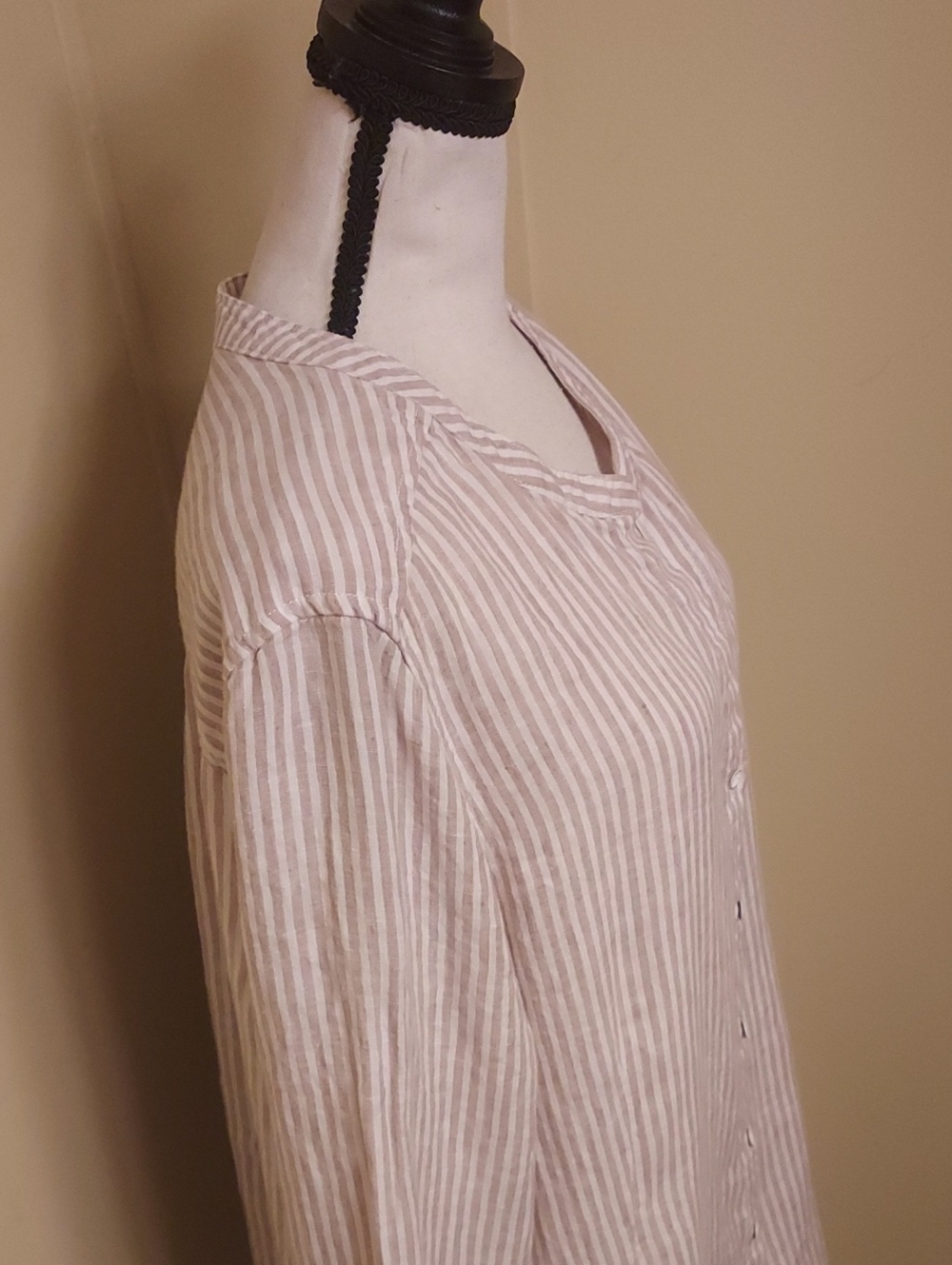 Sigrid Olsen Linen Button-Down Tunic Shirt in Light Tan and White Stripes - Picture 4 of 9